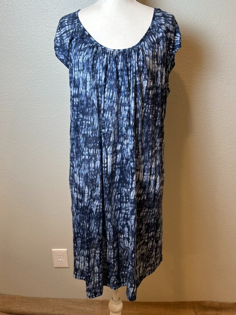 Weekend Max Mara Shibori Tie Dye Dress Tunic Lrg Blue White Pleated Cap Sleeve